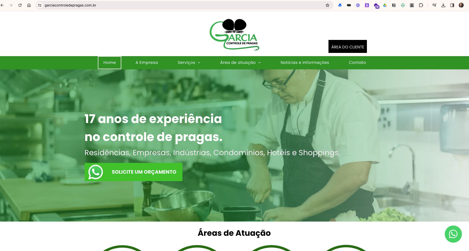 Página inicial do site apresentando serviços de controle de pragas. Ao fundo, um chef em uma cozinha. Inclui detalhes em verde e um botão de chamada para ação.
