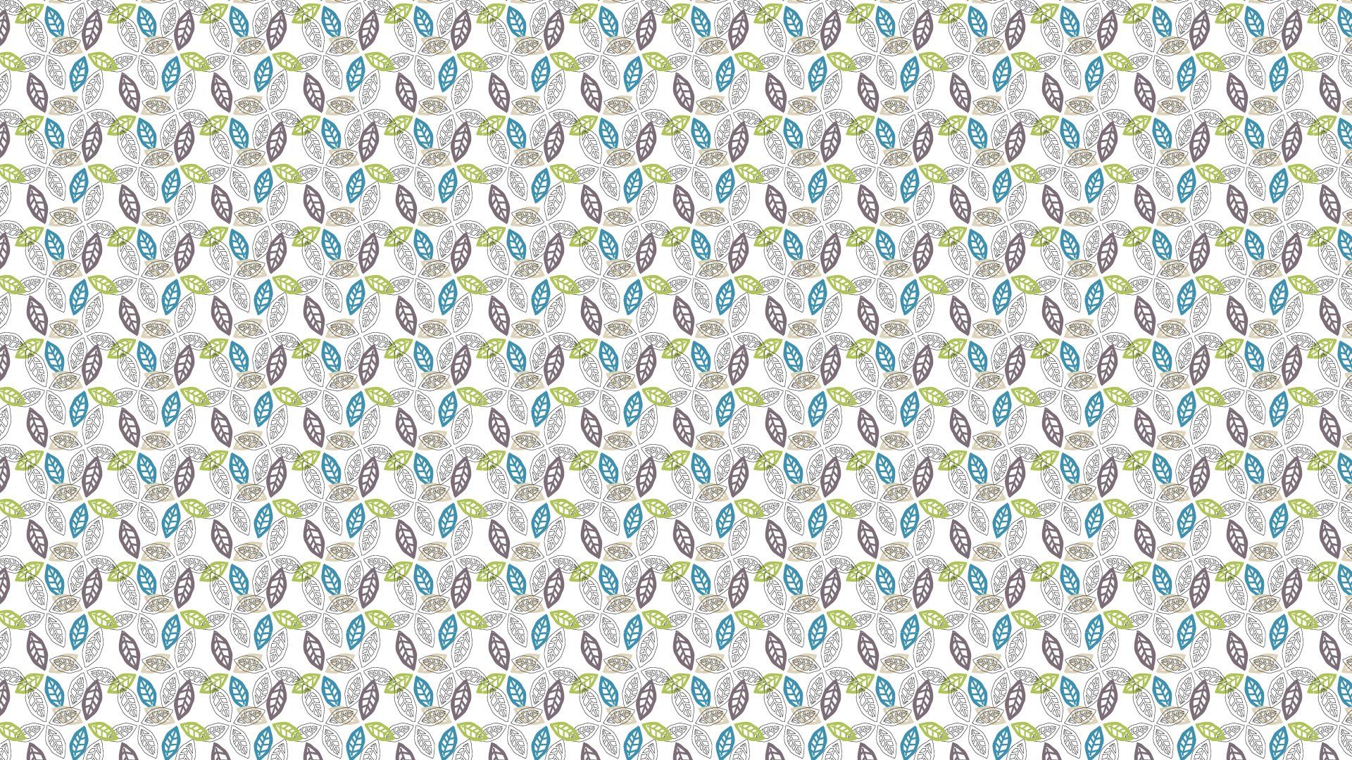 Um padrão repetido de folhas estilizadas e elementos florais em azul, verde, roxo e cinza sobre um fundo branco.