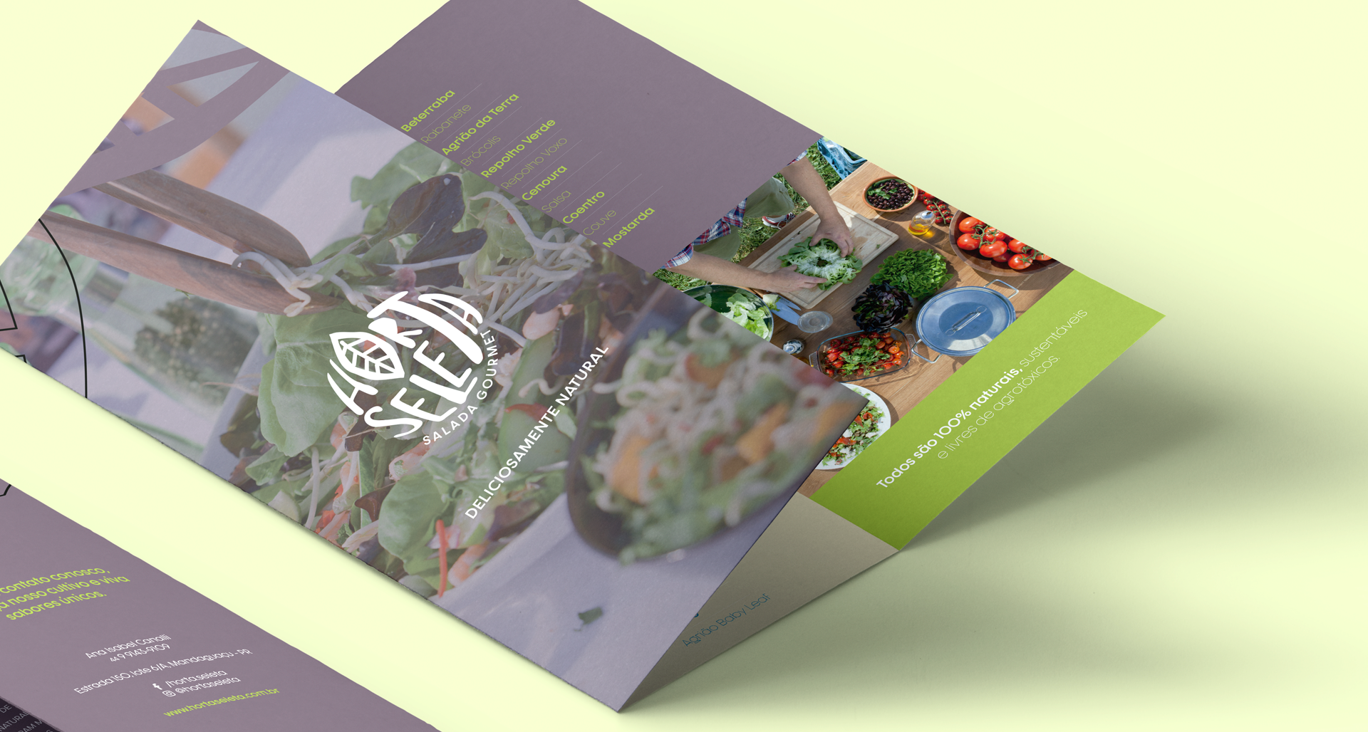 Folheto exibindo fotos de alimentos, incluindo vegetais, com um esquema de cores verde e roxo.
