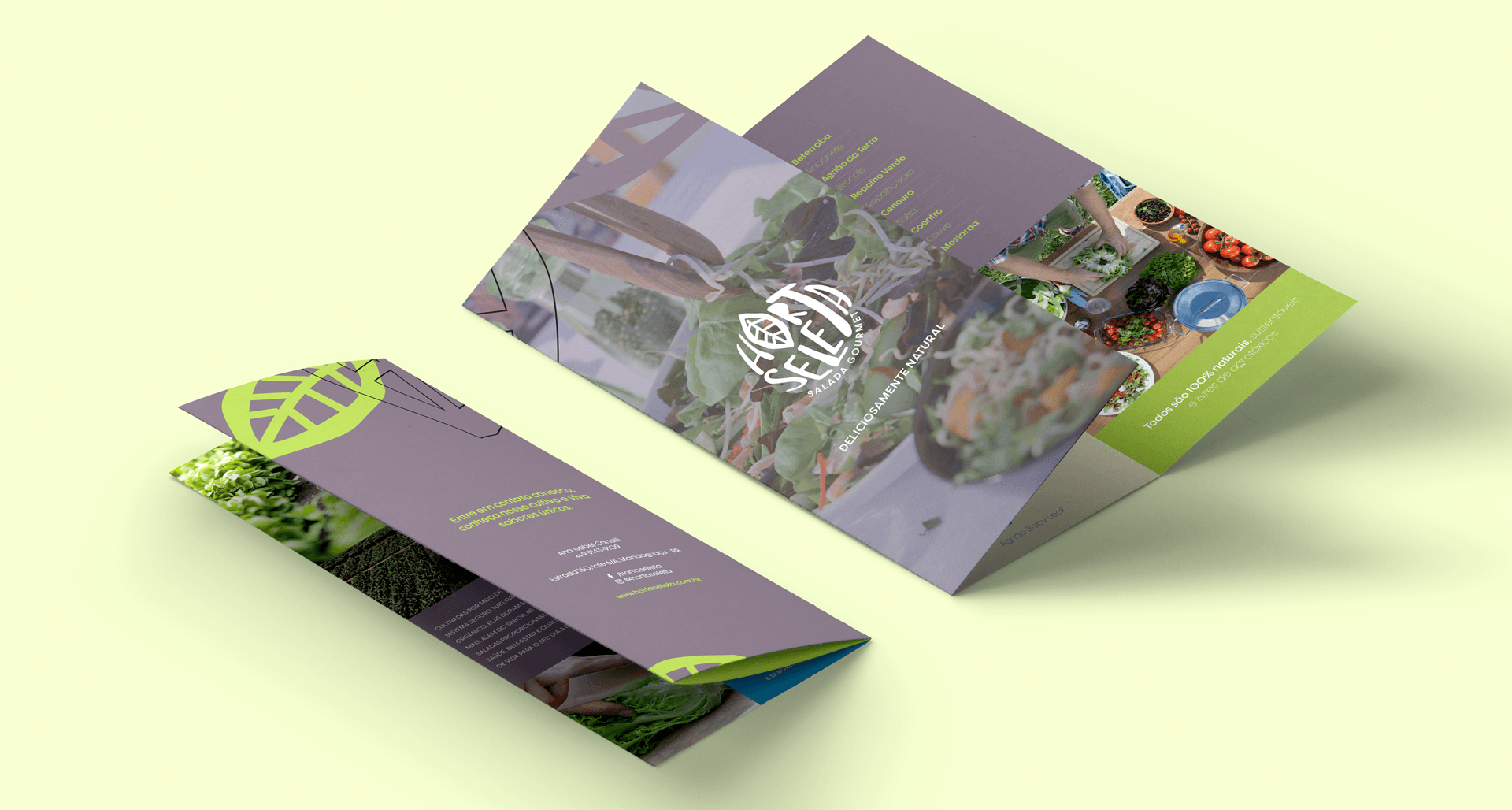 Brochura tríplice com imagens da natureza, detalhes em verde e roxo, sobre fundo verde claro.