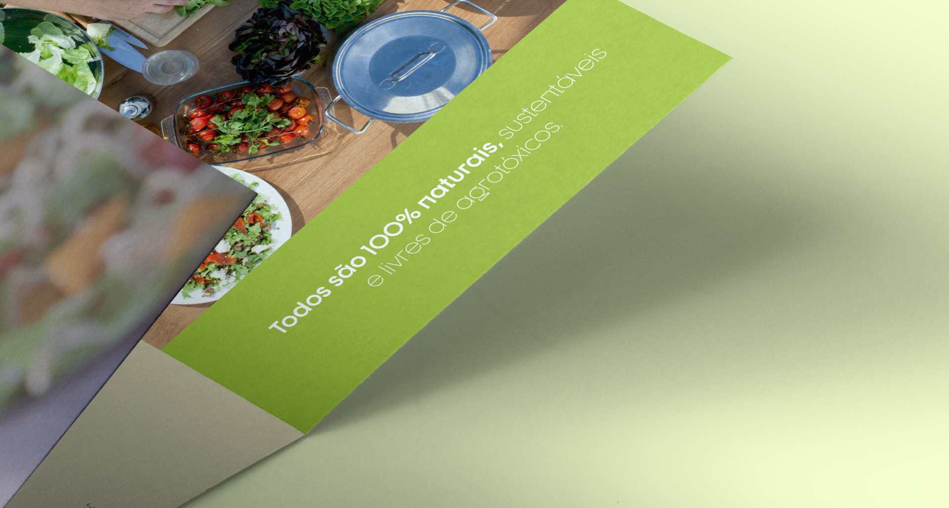 Um folheto com uma faixa verde apresentando texto sobre ingredientes naturais, sobre uma foto de uma mesa com ingredientes para salada.