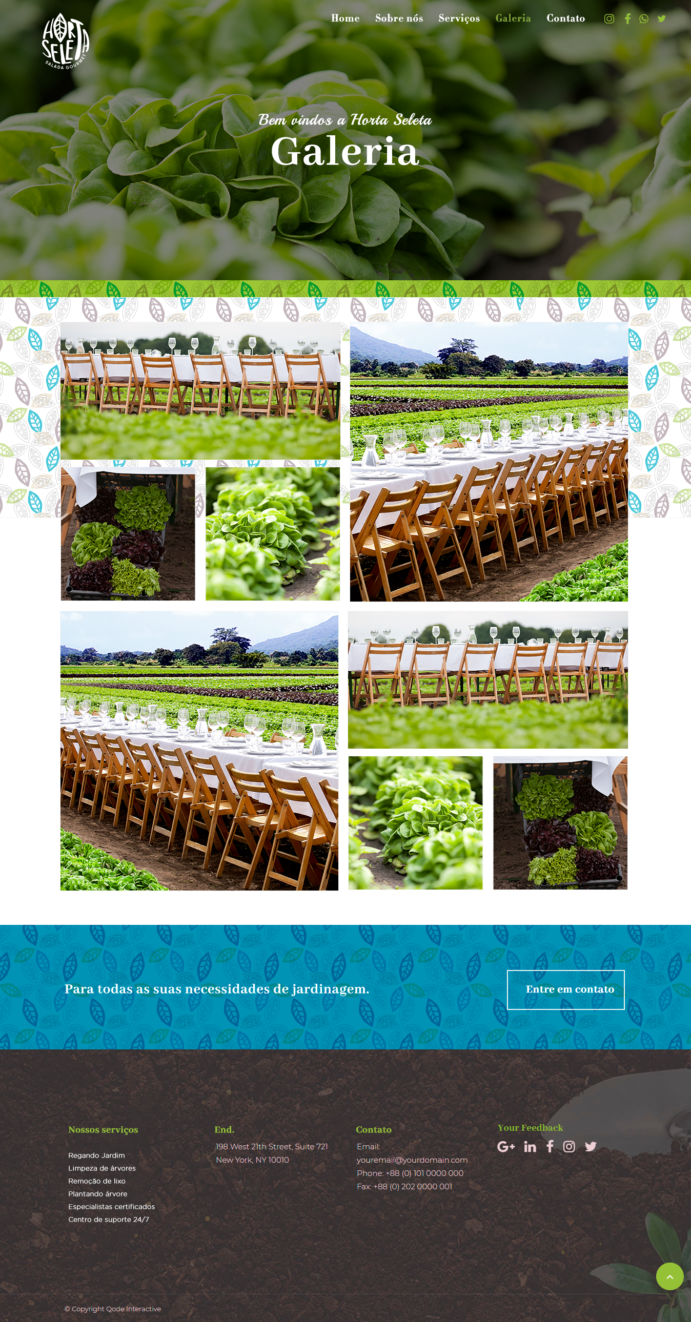 Galeria de eventos ao ar livre com fileiras de cadeiras dispostas em um campo, ao lado de imagens de plantas de alface.
