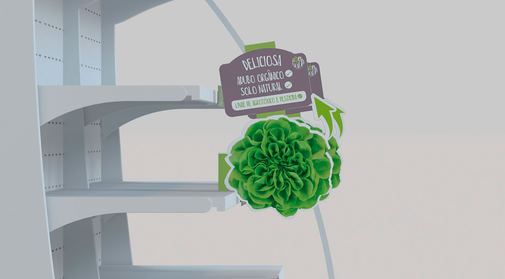 Uma flor verde com uma placa anexada, flutuando perto de elementos arquitetônicos brancos, com um fundo de luz suave.