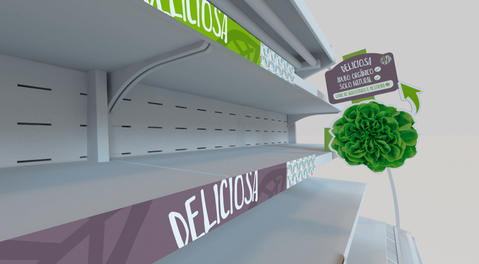 Prateleiras vazias de supermercado com uma placa de alface verde e um rótulo roxo de