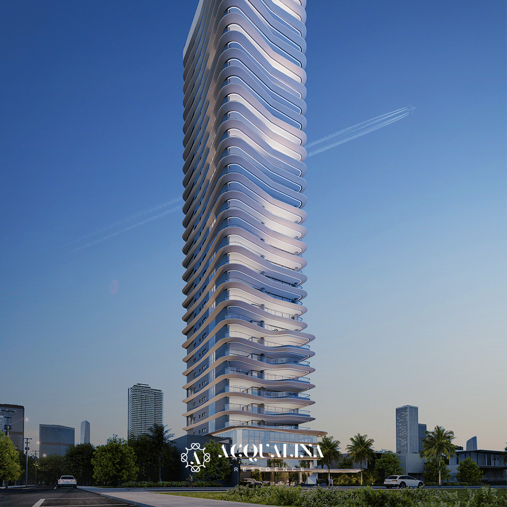 Edifício alto e moderno com design ondulado. Chama-se