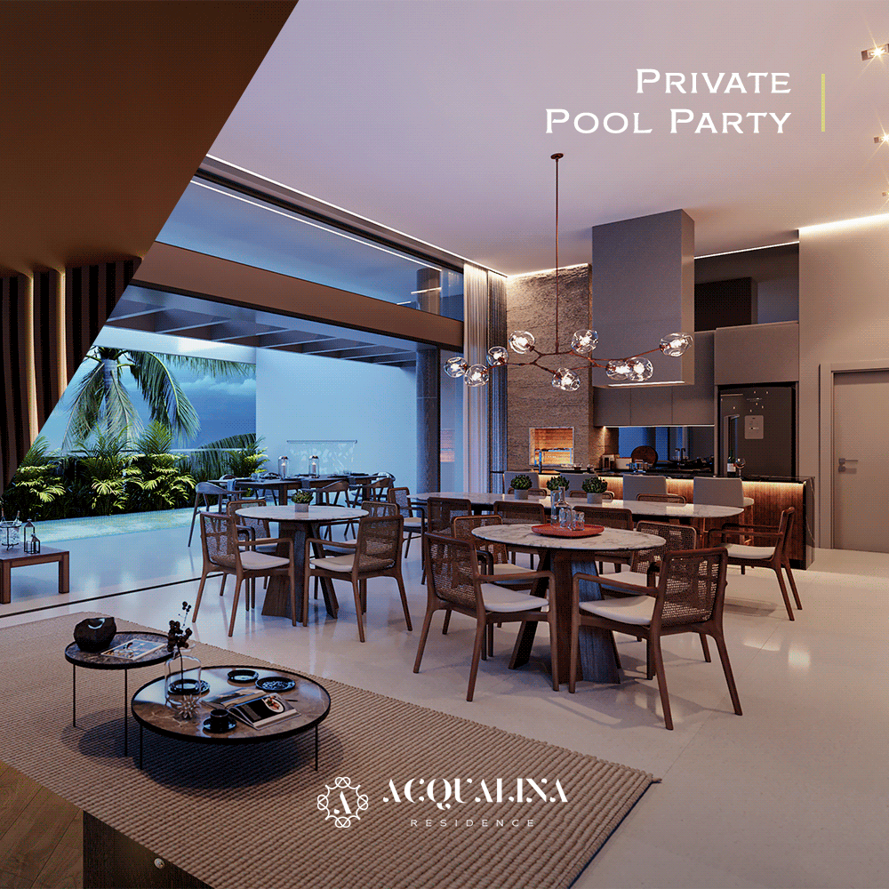 Área de jantar interna com mesas e cadeiras redondas de madeira, vista para uma piscina e o texto