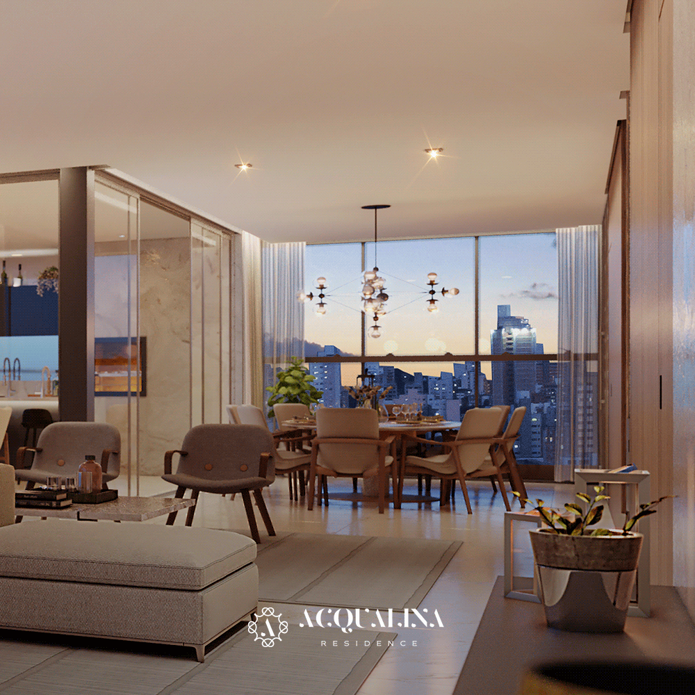 Um interior elegantemente iluminado de uma moderna sala de jantar e estar com vista para o horizonte da cidade. Os móveis são em tons neutros e um lustre paira sobre a mesa de jantar.