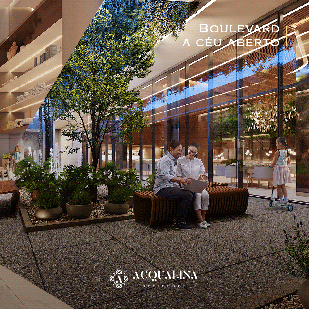 Uma família sentada em um banco em um espaço moderno ao ar livre. O cenário inclui plantas, árvores e um prédio com grandes janelas.