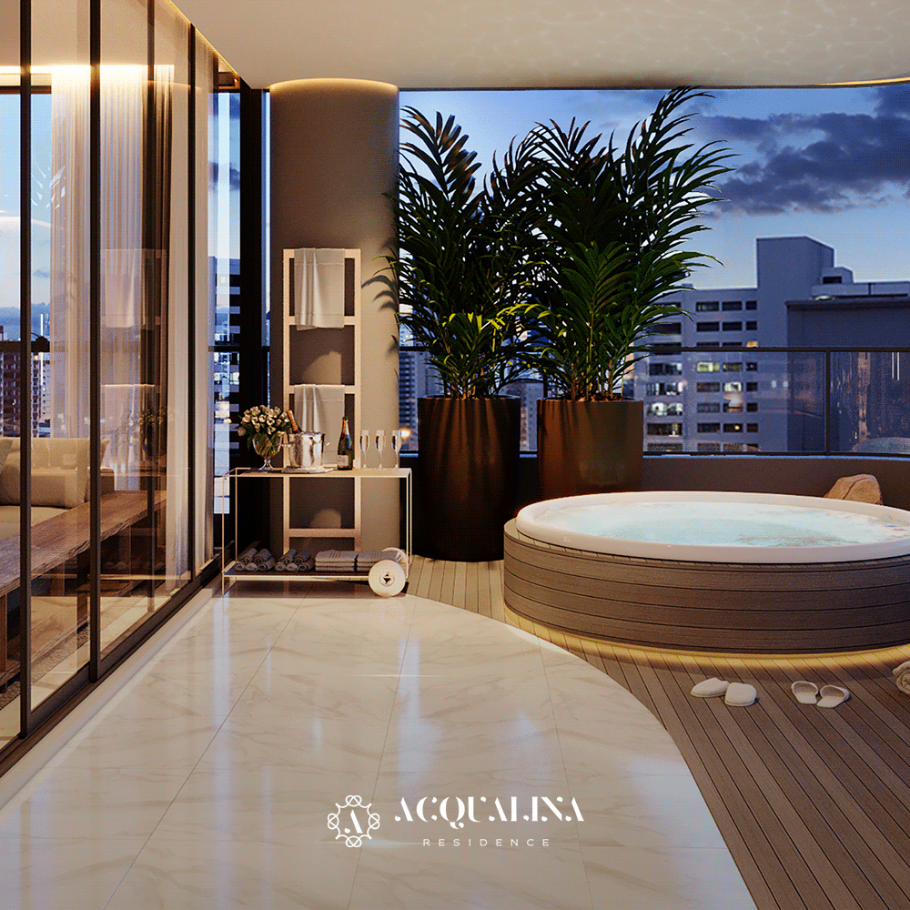 Uma varanda luxuosa com banheira de hidromassagem, plantas e vista para a cidade ao entardecer. Tons neutros com detalhes em madeira e pedra.