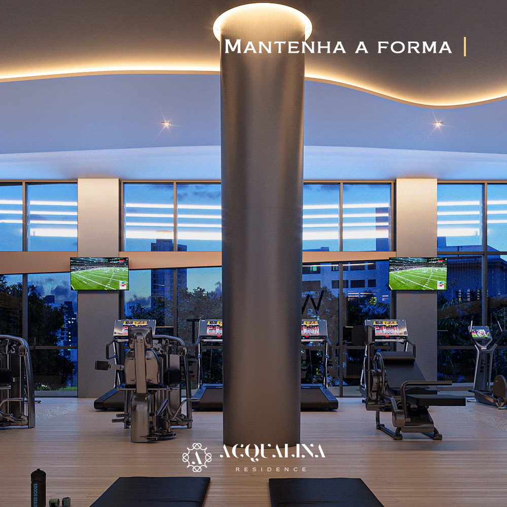 Uma academia moderna com aparelhos de ginástica, janelas amplas e TVs. O texto