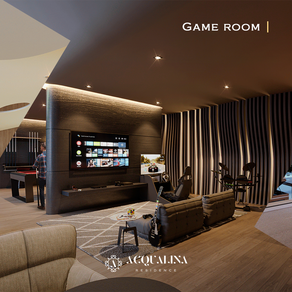 Sala de jogos com TV grande, cadeiras e mesa de sinuca. Detalhes em madeira escura, cores neutras e iluminação embutida.