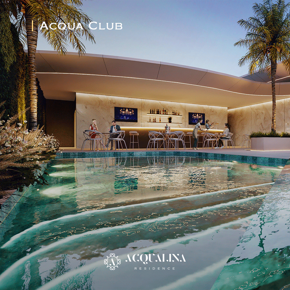 Aqua Club, um bar à beira da piscina com pessoas apreciando drinks. Uma piscina com águas azul-turquesa leva ao bar, sob uma estrutura moderna ao ar livre.