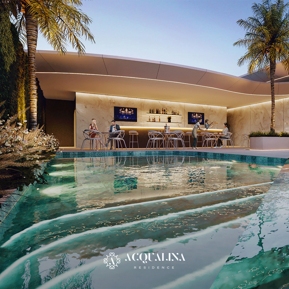 Bar da piscina com pessoas. A água azul-clara reflete o bar com os hóspedes e as palmeiras sob a luz do entardecer.