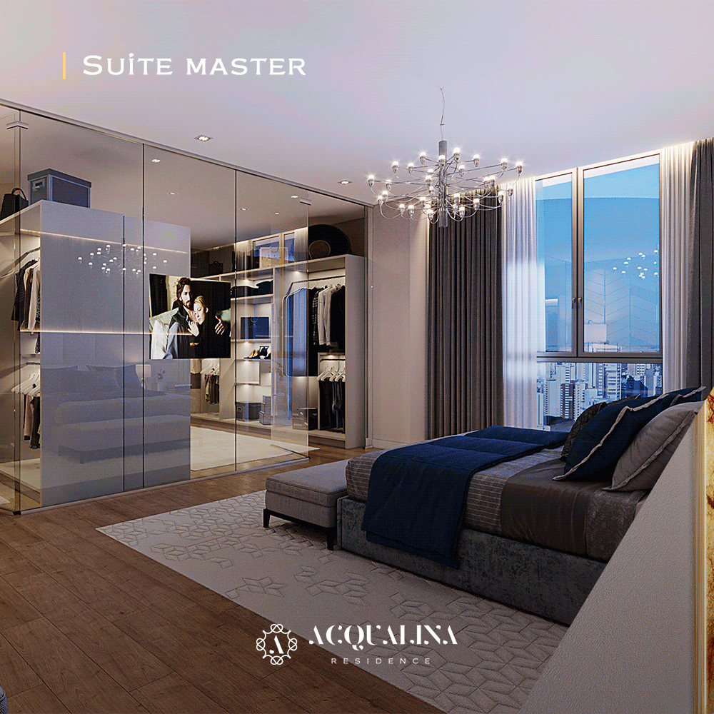 Suíte master com closet, cama grande e lustre. Design moderno com cores neutras.