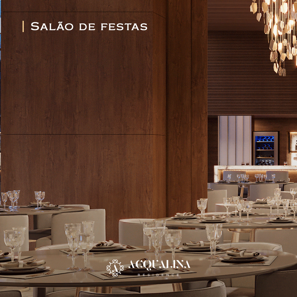 Um moderno salão de banquetes com mesas dispostas para reuniões, com painéis de madeira e uma área de bar com adega climatizada.