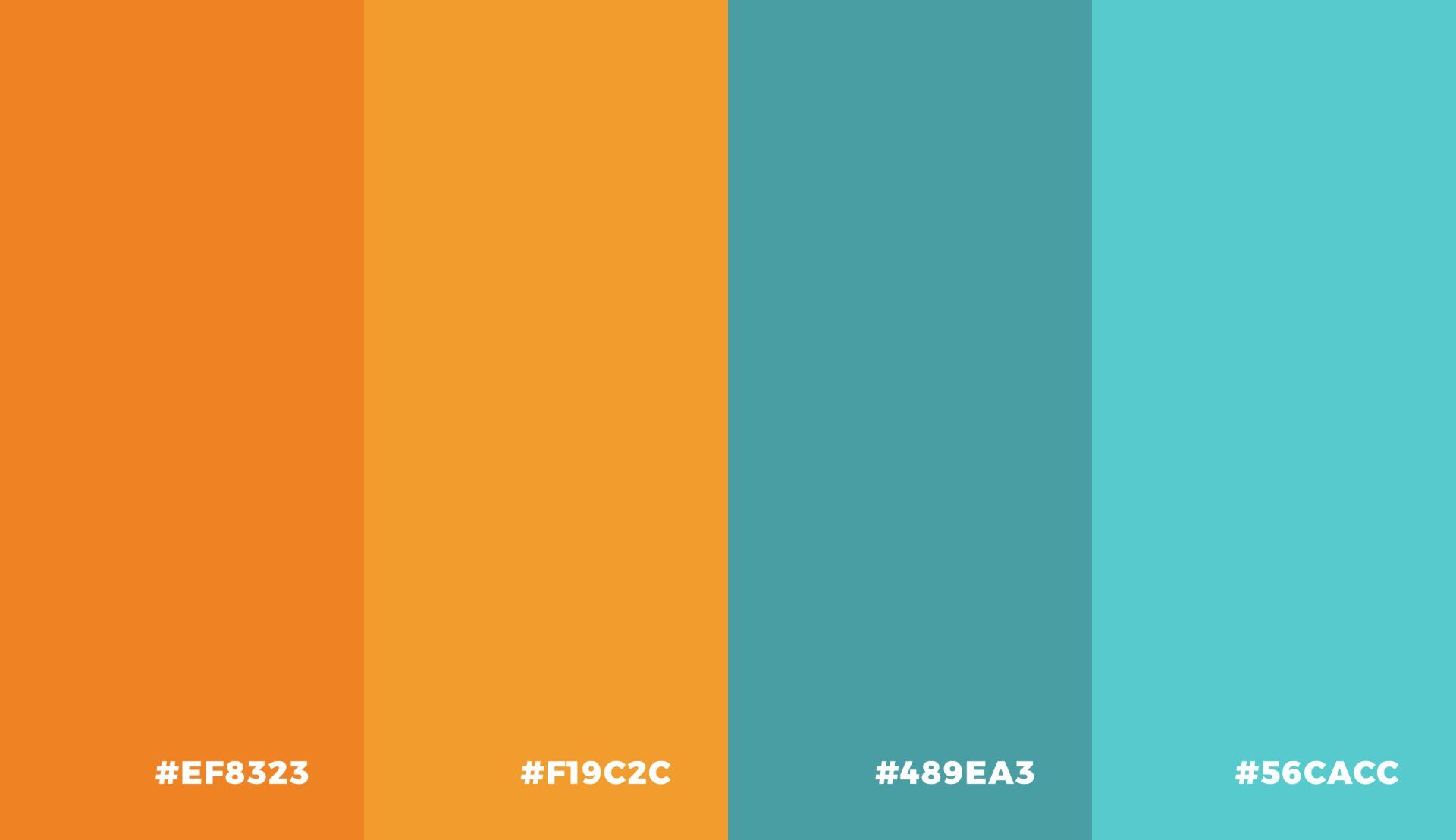 Uma paleta de cores com tons de laranja e azul-petróleo.