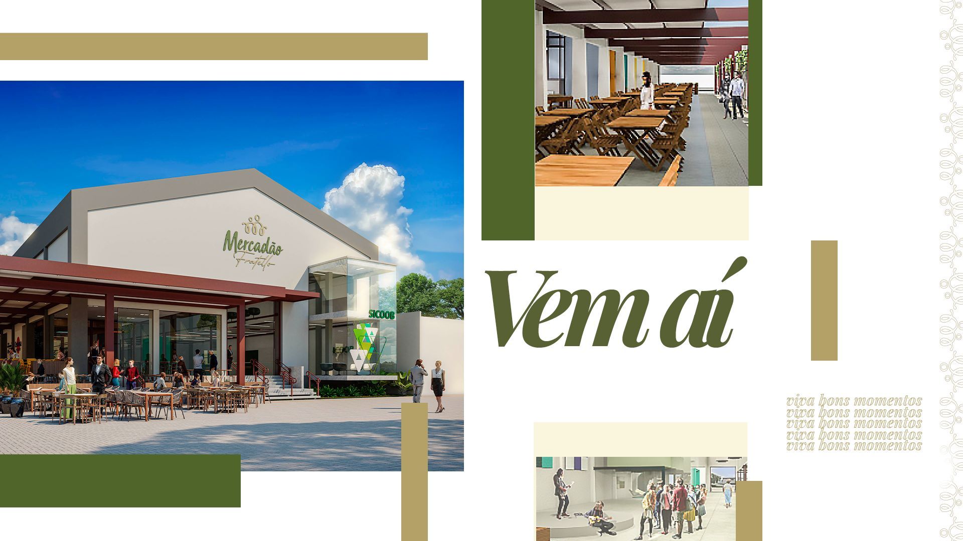 Uma colagem de fotos de um restaurante com a palavra vem ao meio.