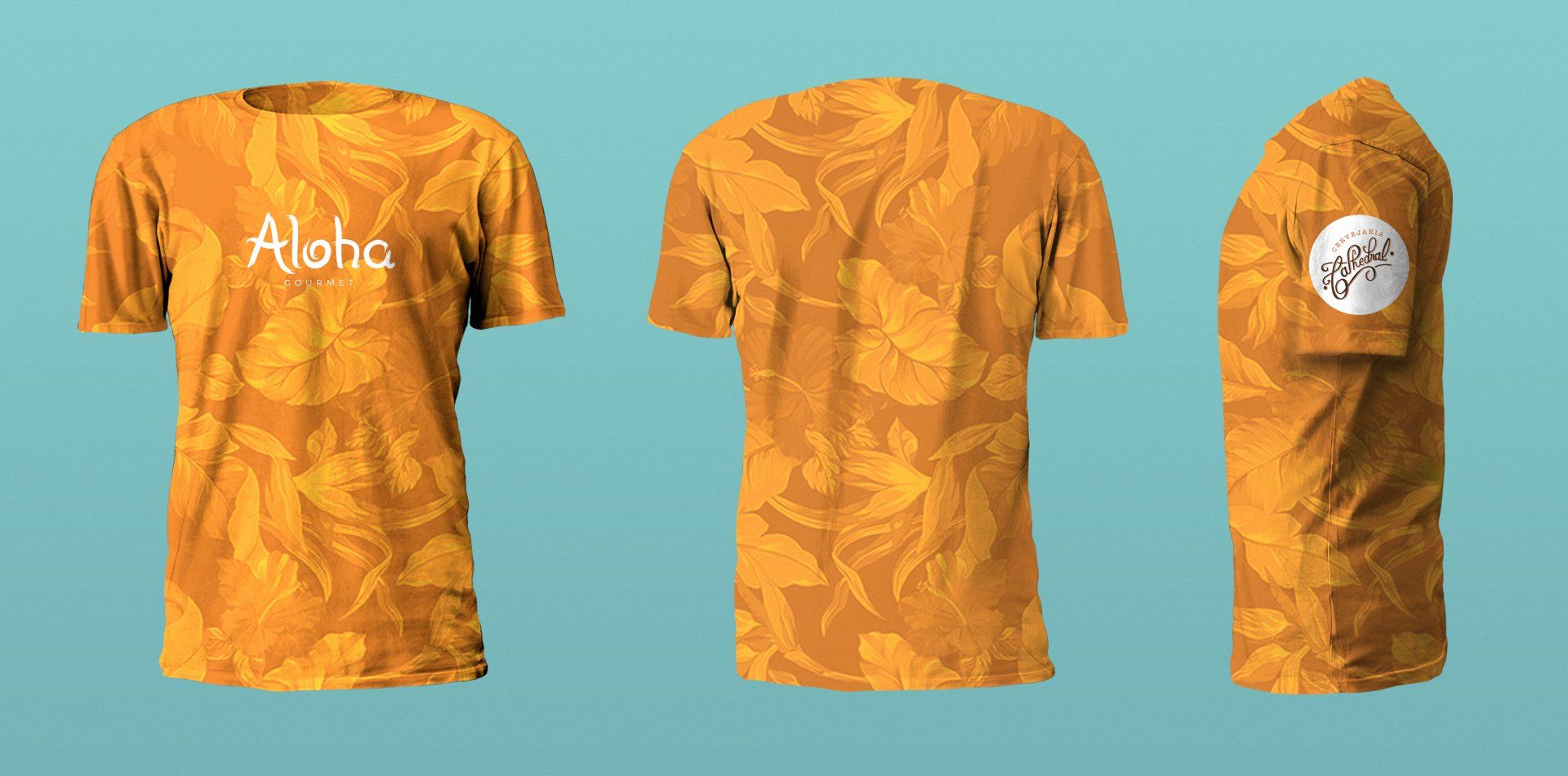 Três vistas de uma camiseta floral laranja: frente com o texto