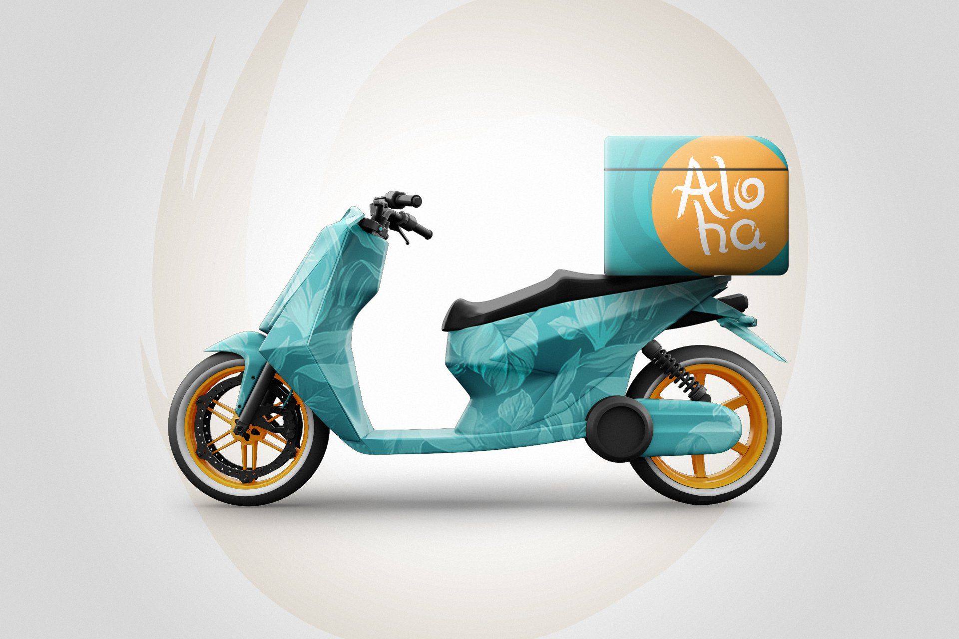 Scooter geométrica azul-clara com uma caixa de entrega de comida com a inscrição