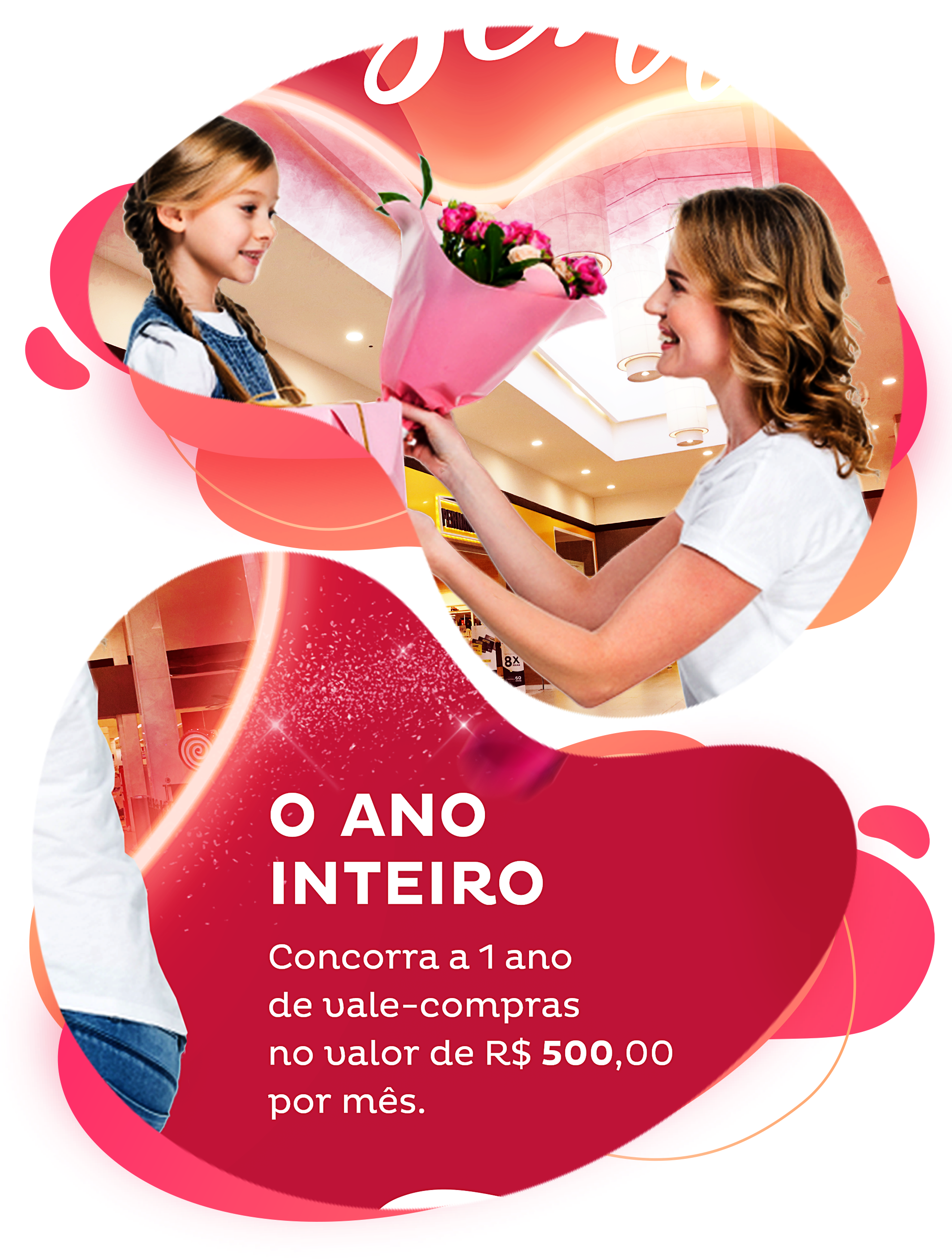 Uma menina entrega flores a uma mulher em um shopping. Texto: