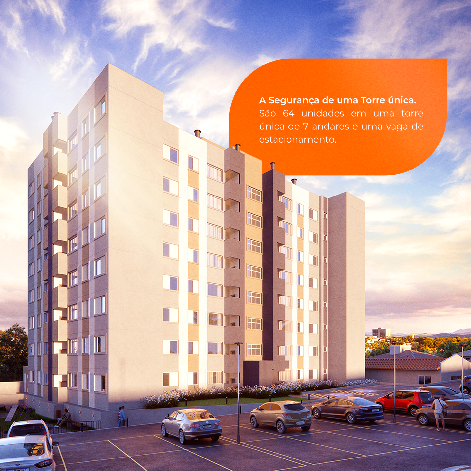 Prédio de apartamentos moderno com estacionamento e texto promovendo segurança.