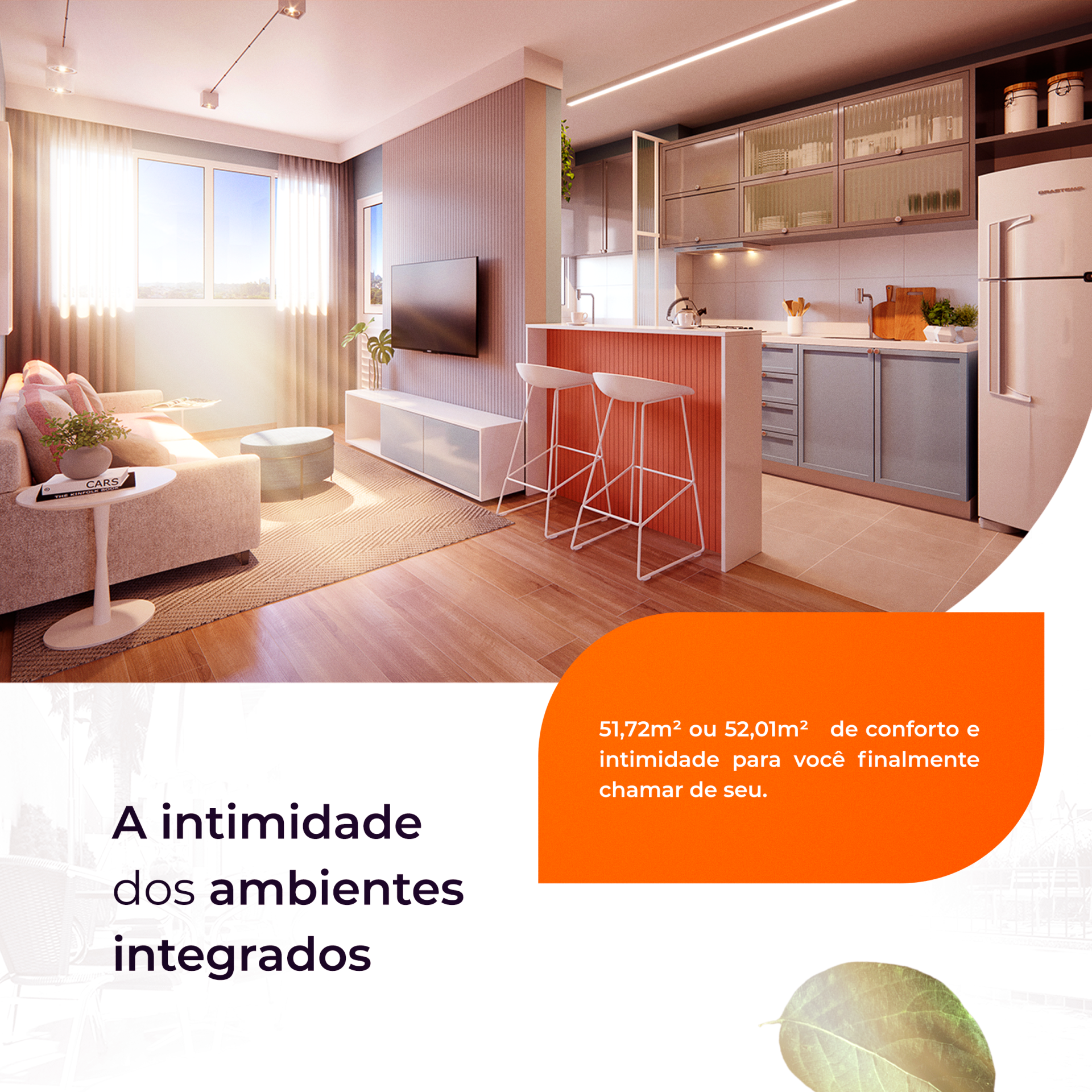 Sala de estar e cozinha integradas, com piso de madeira e móveis brancos. Texto: