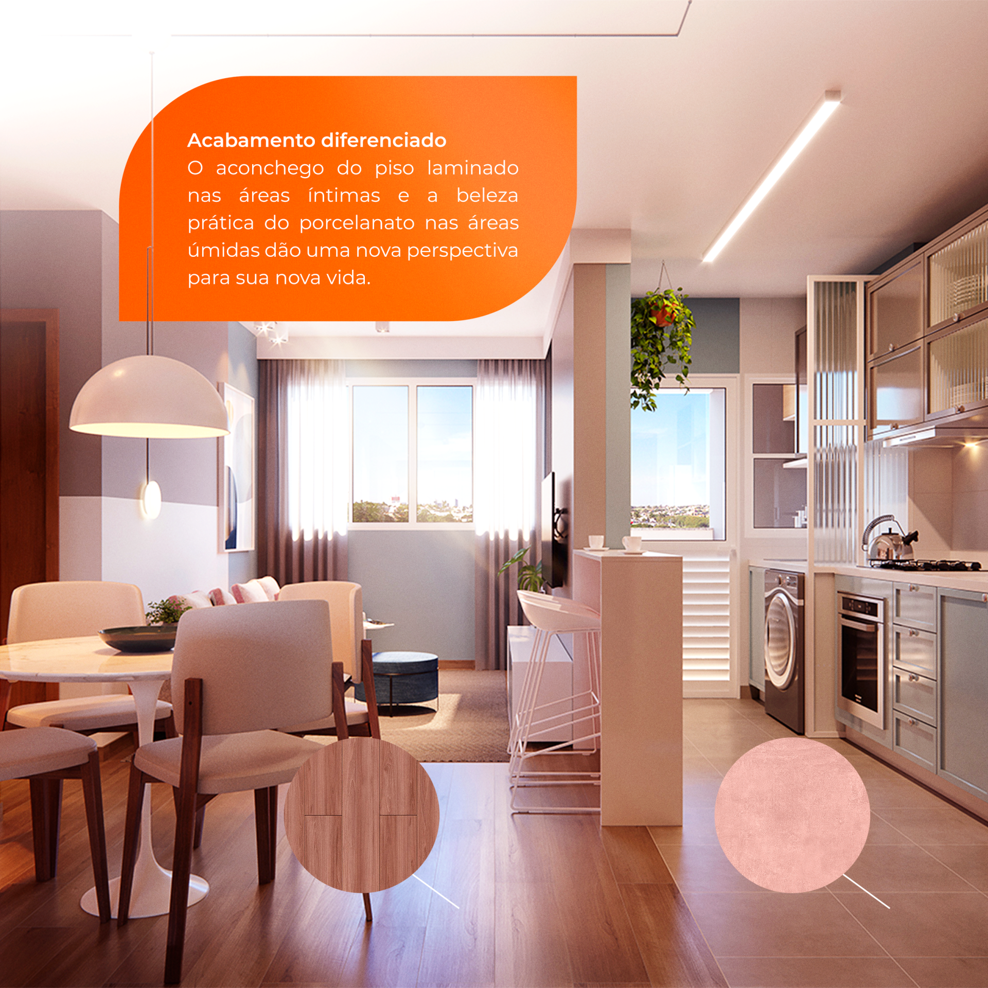 Um apartamento modelo apresentando uma cozinha moderna, área de jantar e sala de estar com pisos de madeira, luminárias e amostras de cores.