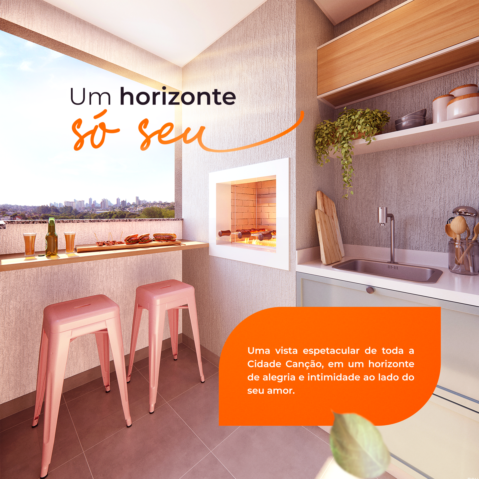 Cozinha com sacada e vista para a cidade. Possui bancos cor-de-rosa, churrasqueira embutida e comidas e bebidas em um balcão. Texto: