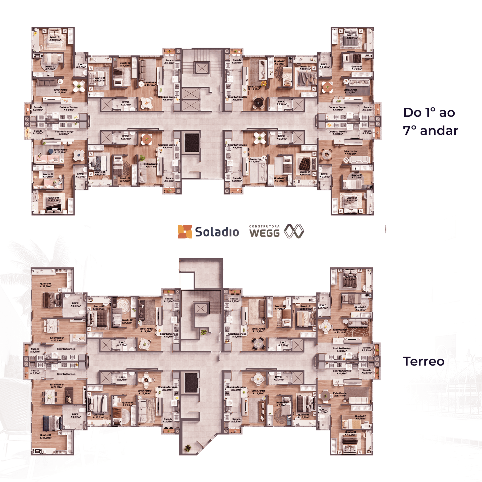 Plantas arquitetônicas: térreo e andares 1 a 7 de um edifício, representando apartamentos, corredores e layout do edifício.