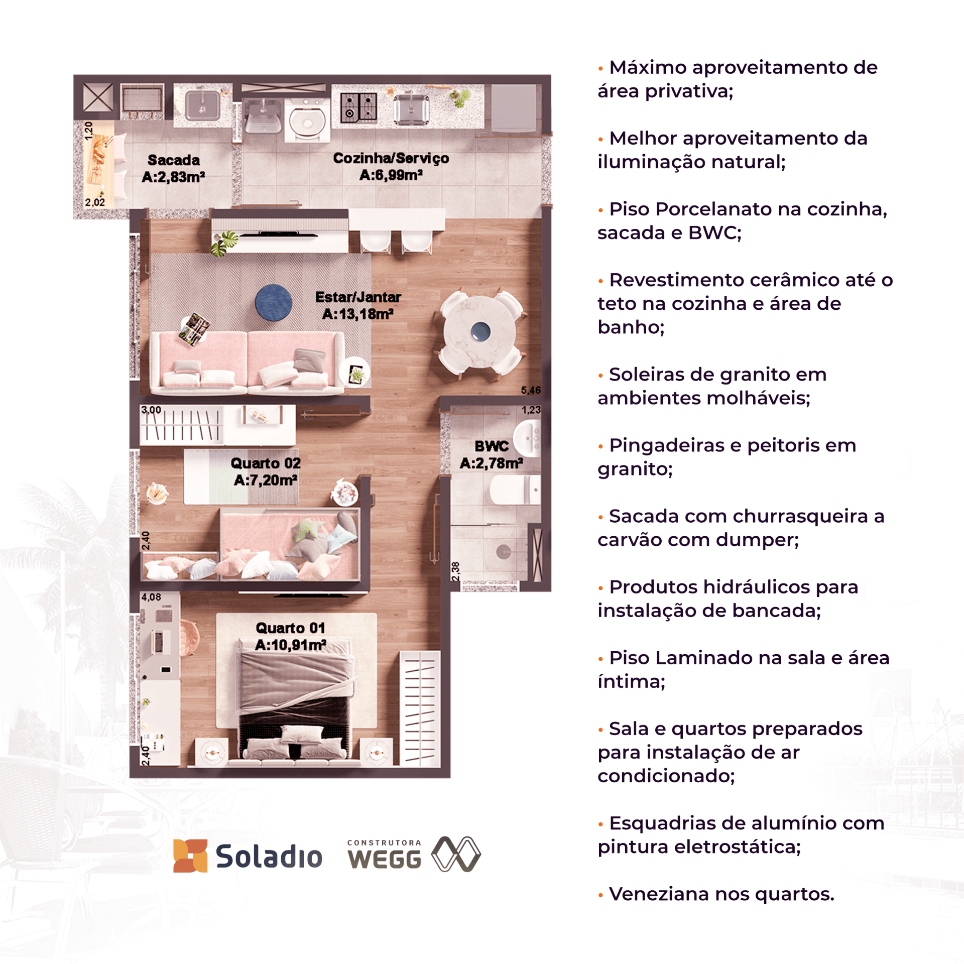 Planta baixa de um apartamento com texto em português, destacando características como pisos de porcelanato, peitoris de granito e churrasqueira ao ar livre.