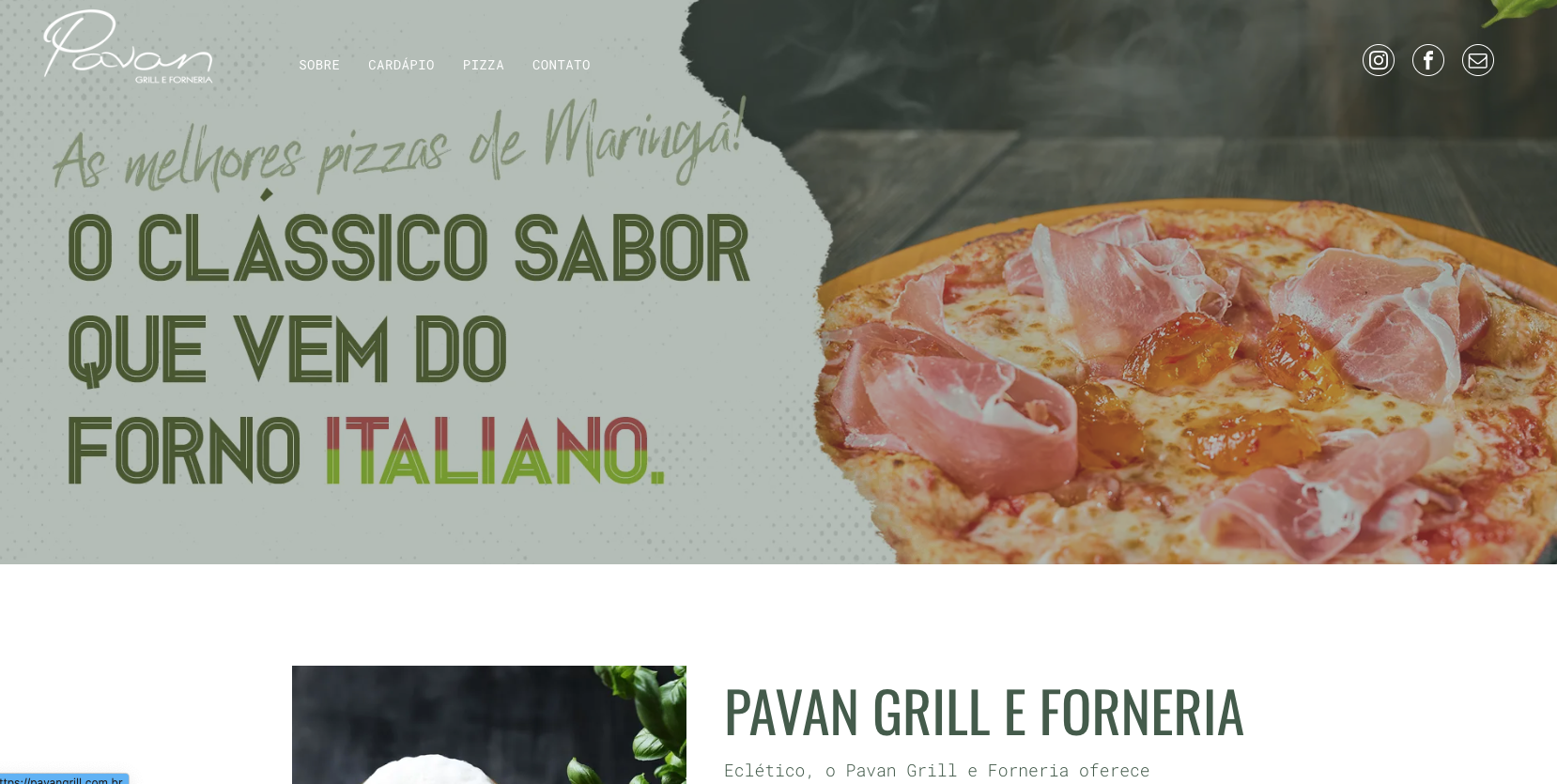 Website banner featuring a pizza with prosciutto, text in Portuguese