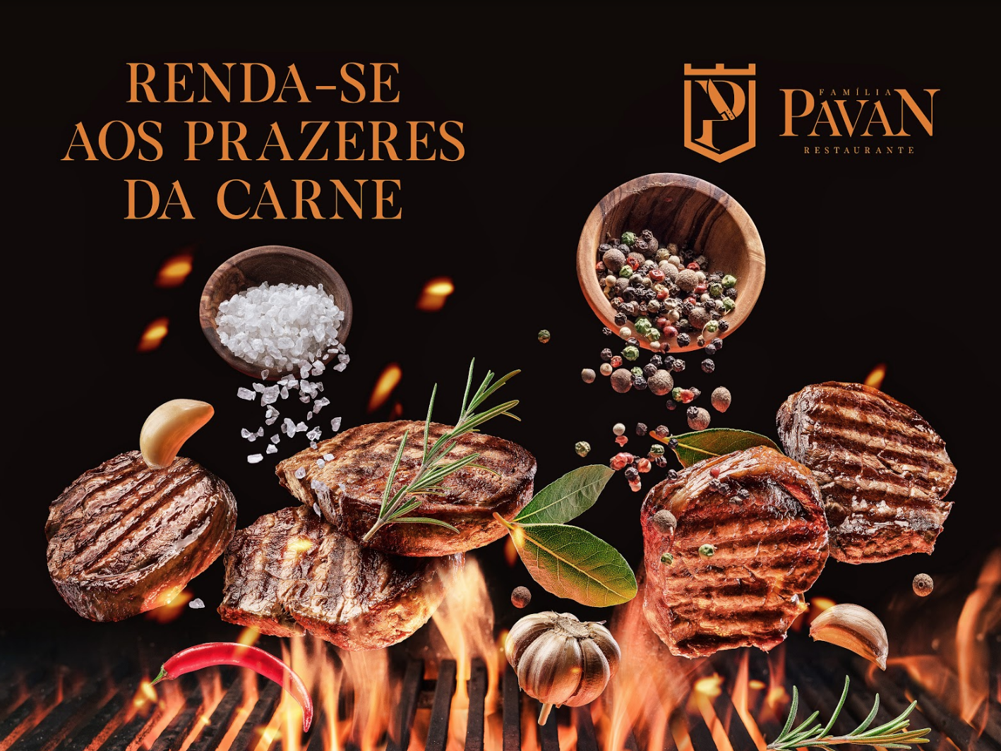 Bifes grelhados, temperos e fogo com o texto