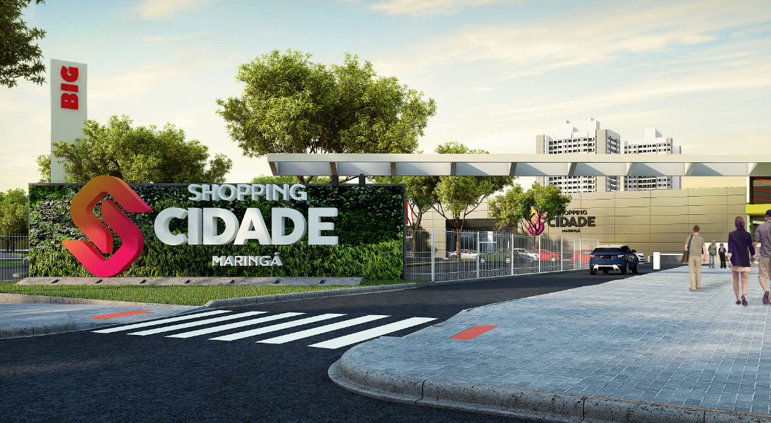 Entrada do Shopping Cidade, um shopping center, com logotipo branco e magenta em um cenário de vegetação e uma faixa de pedestres.