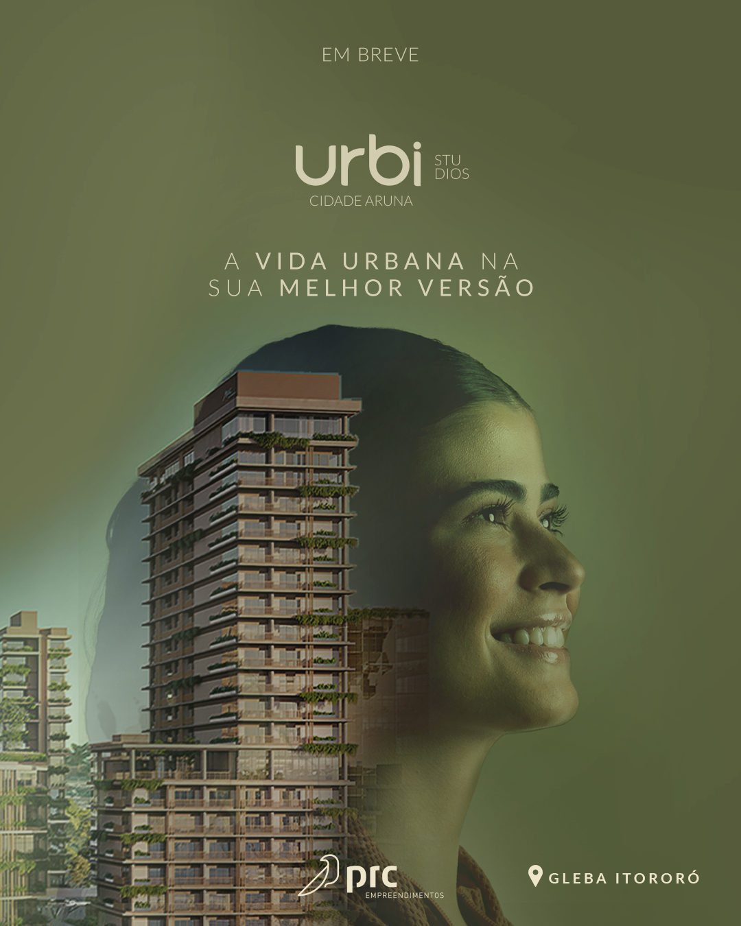 Anúncio do complexo residencial Urbi by Trevo. Mostra o rosto de uma mulher sobreposto a um edifício moderno e texto.