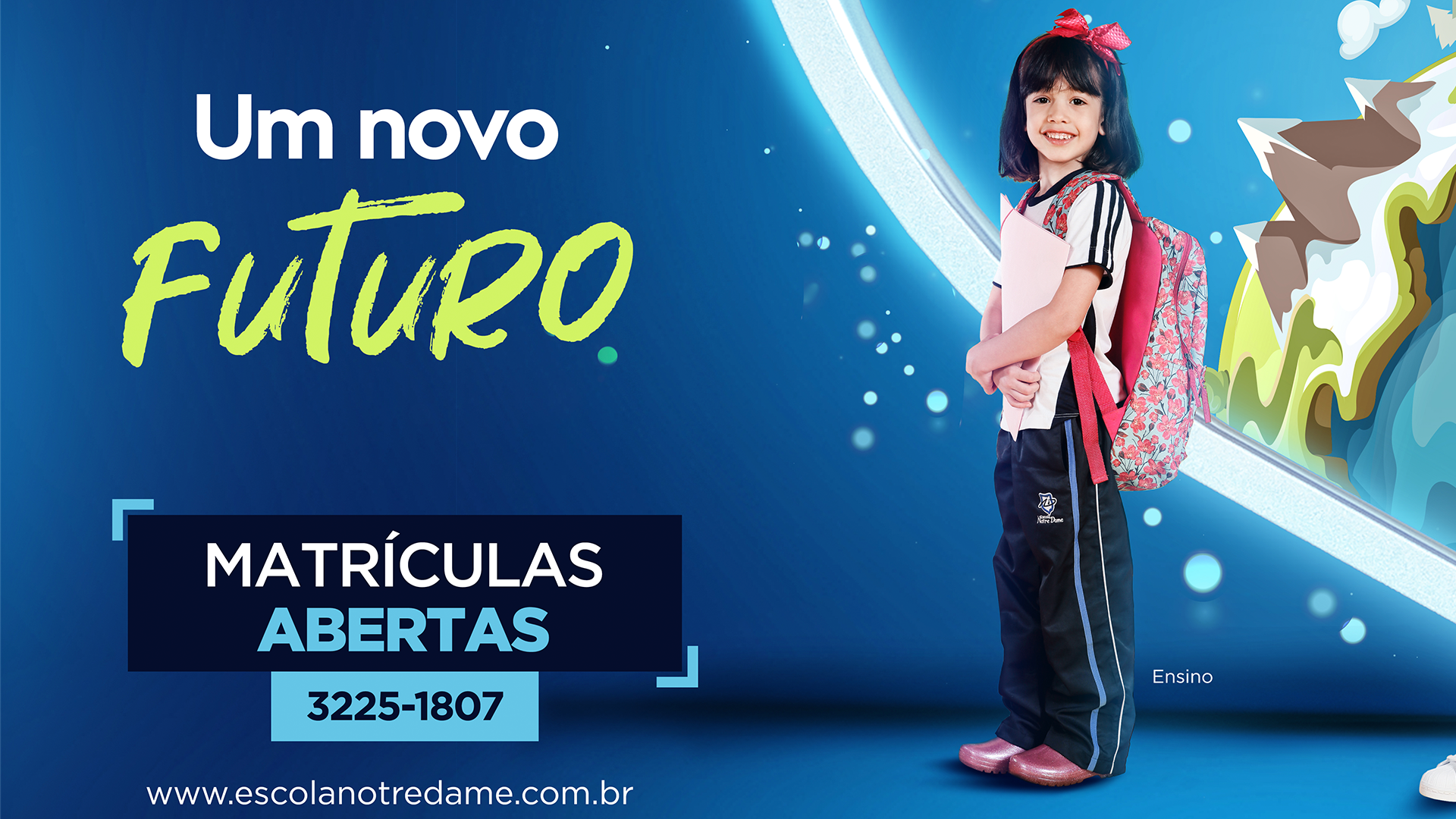 Advertisement for school registration: girl in uniform with backpack,