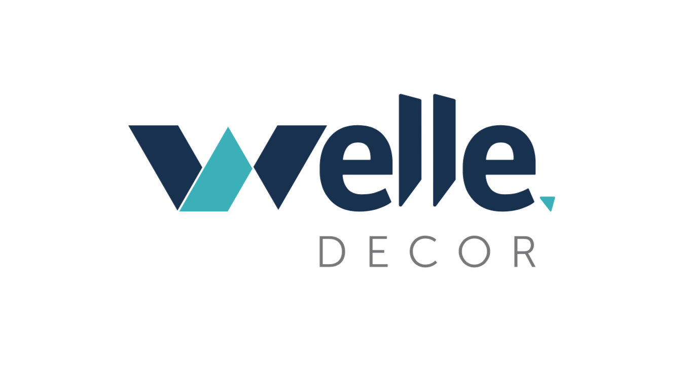 O logotipo da welle decor é azul e branco em um fundo branco.