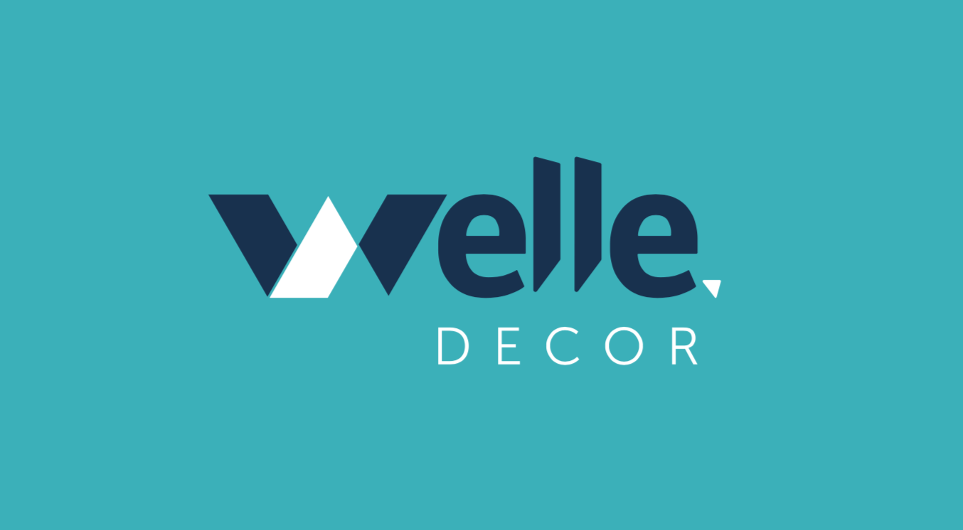 O logotipo da welle decor está em um fundo azul.