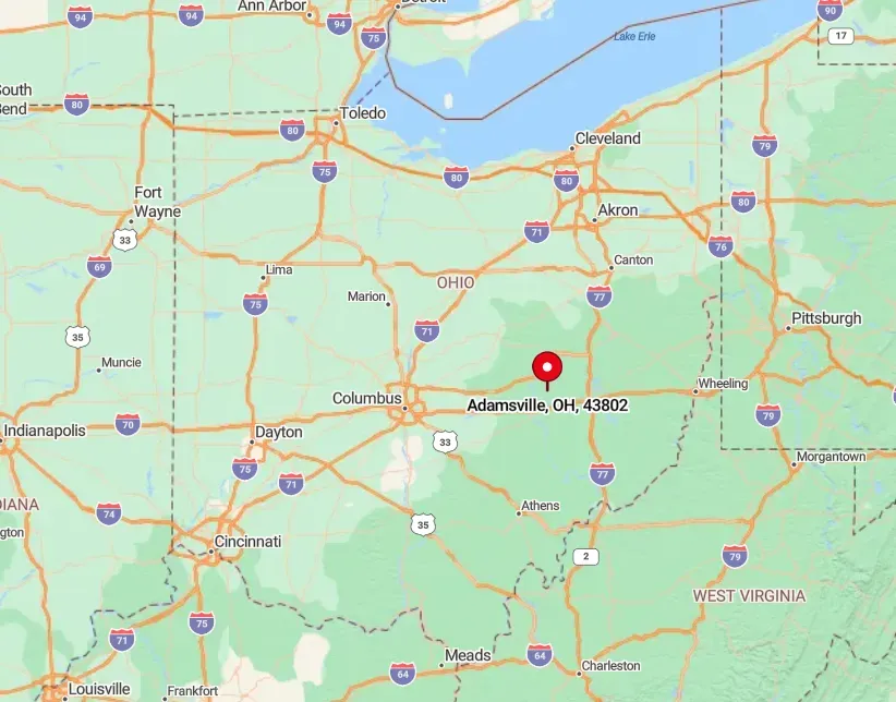 Map of Ohio with a red marker at the city of Zanesville.