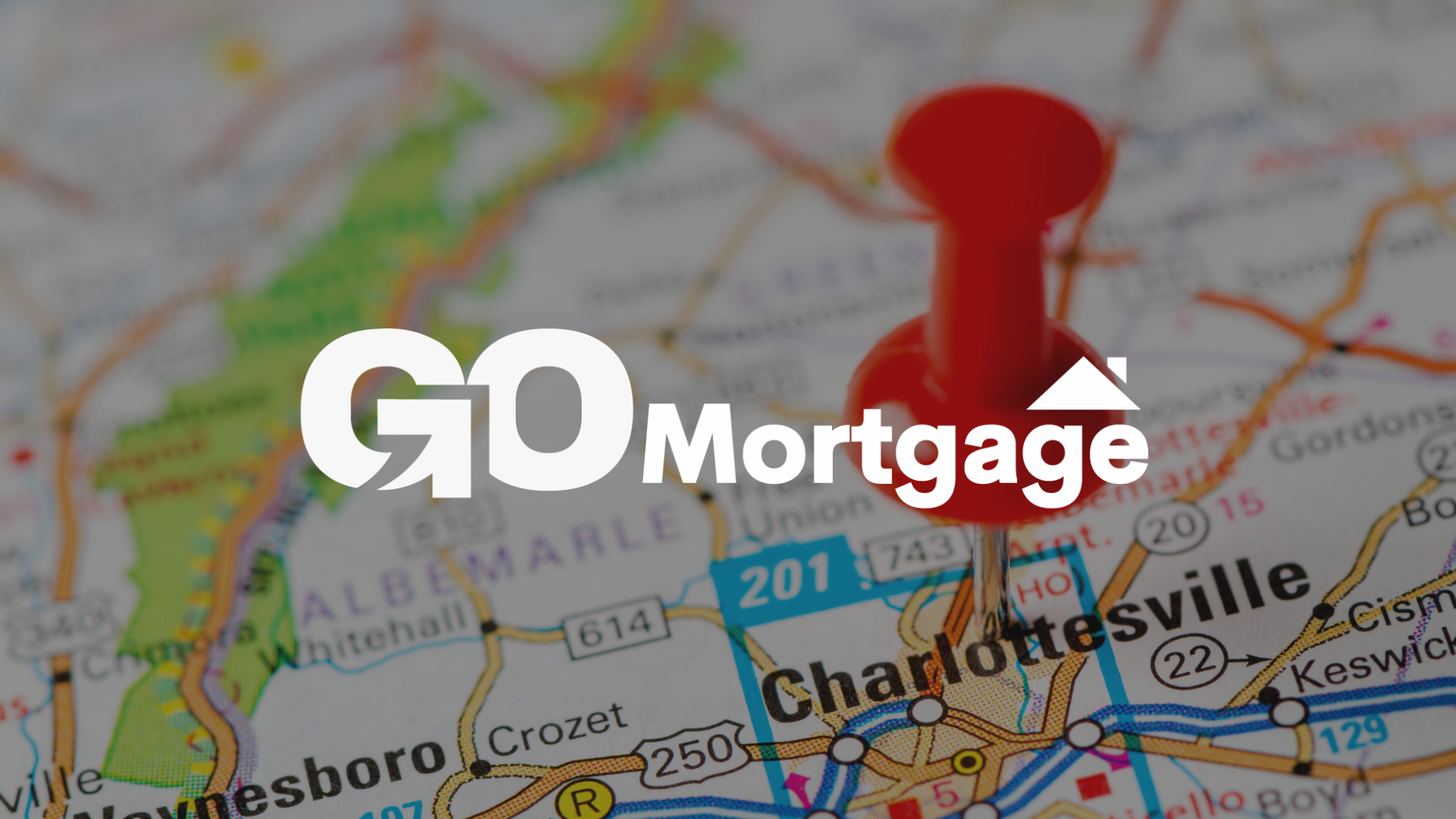 A charlottesville map with a red pin on it that says go mortgage