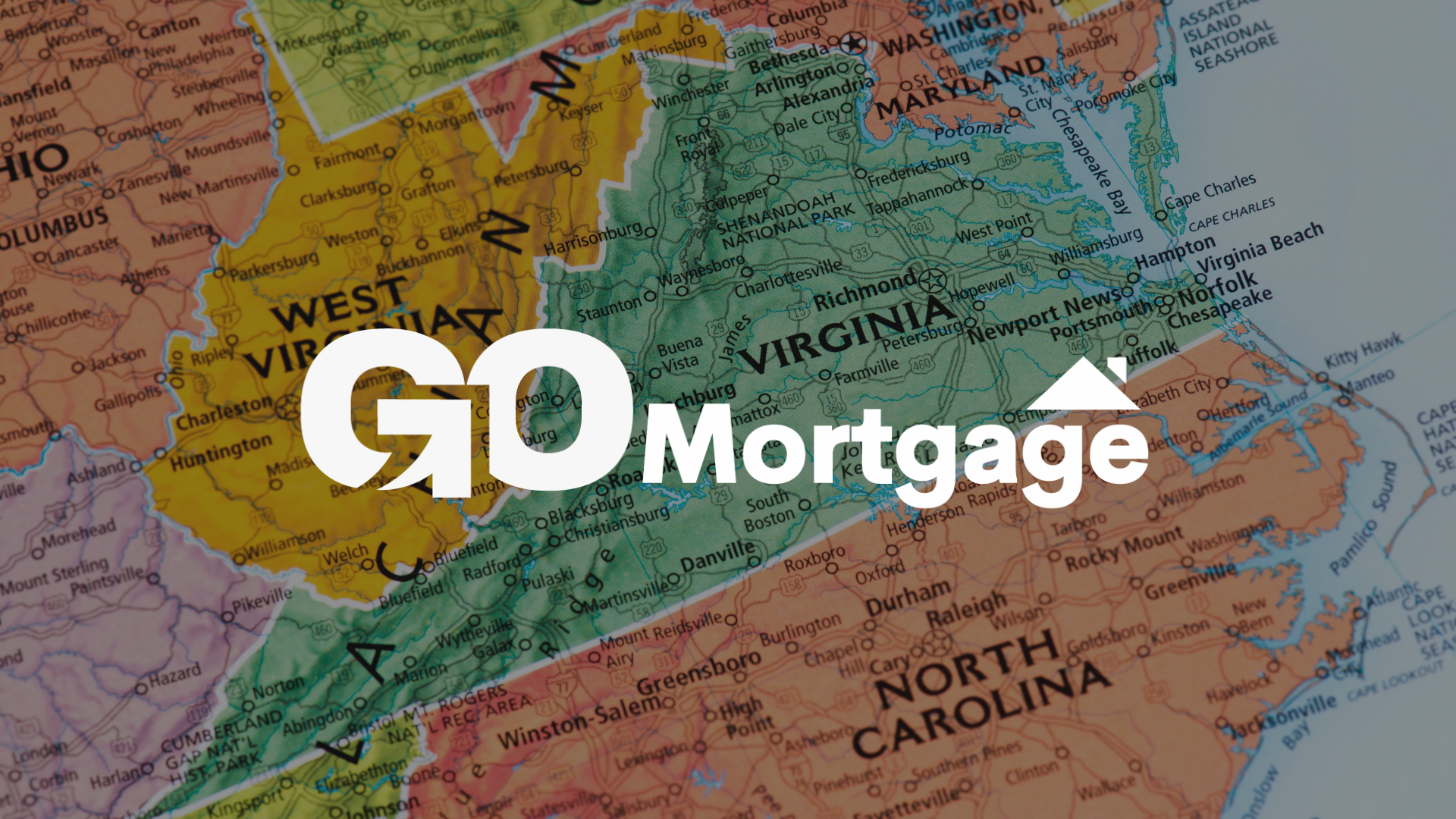 A close up of a map of virginia with the go mortgage logo on it.