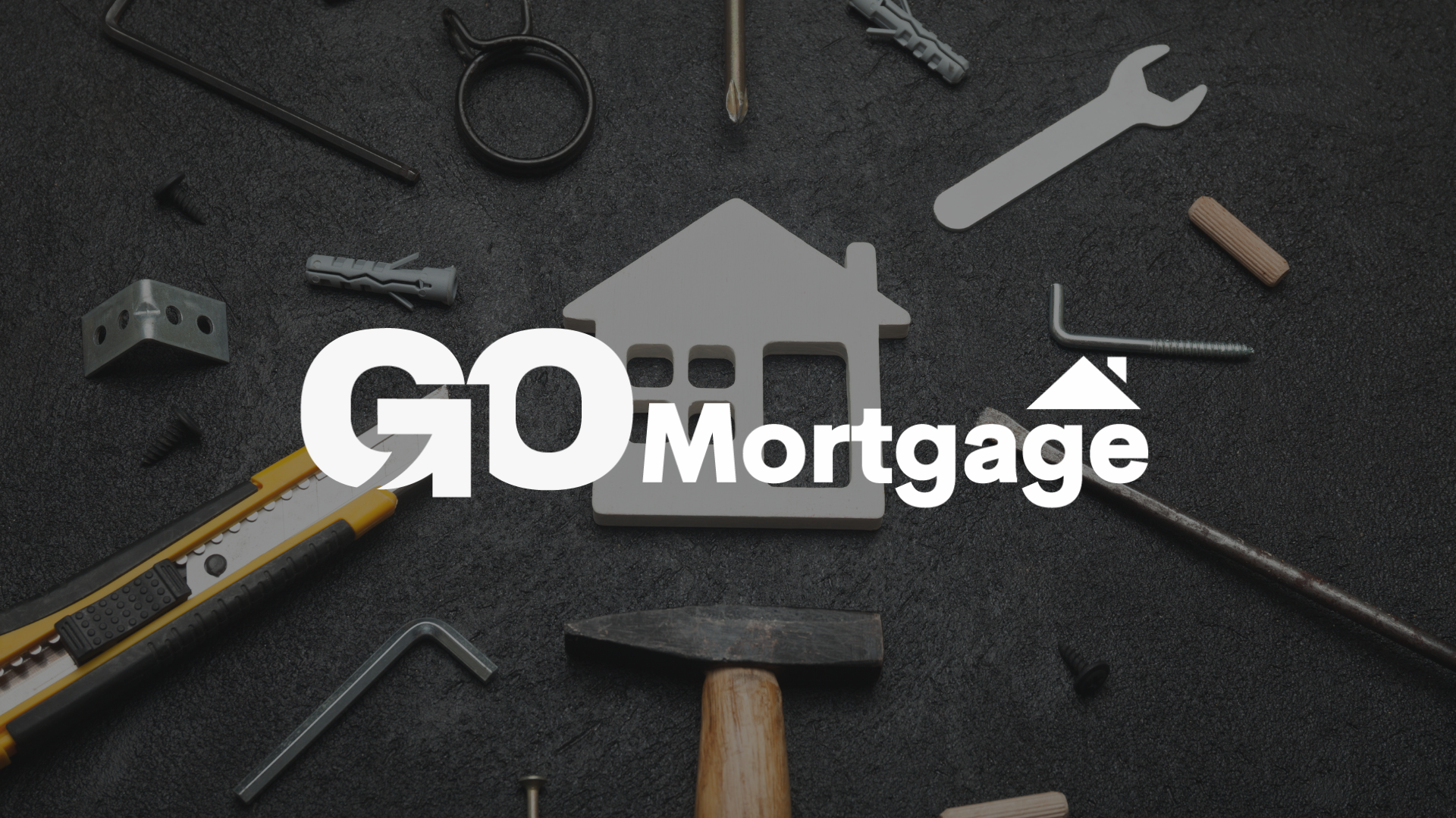 The logo for go mortgage is surrounded by tools and a house.