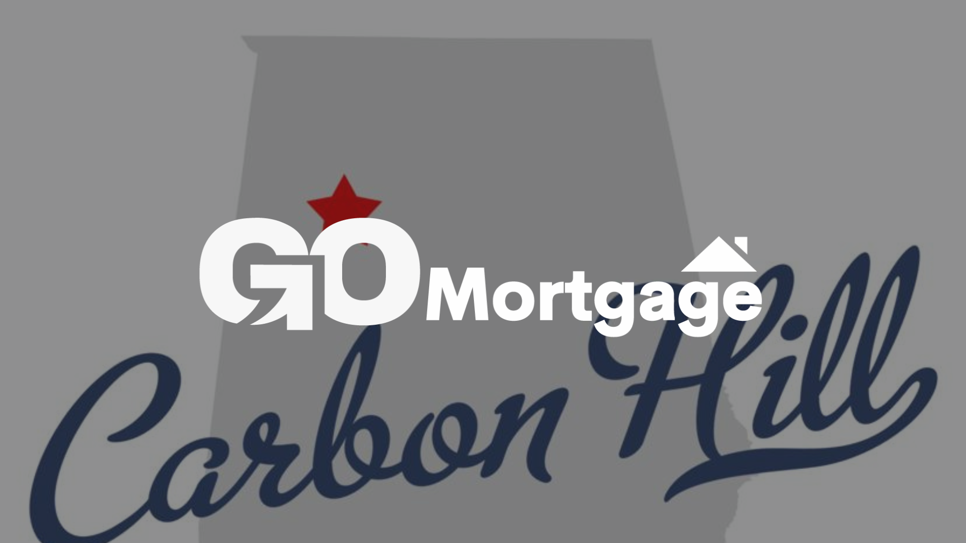 Logo for GO Mortgage, Carbon Hill, Alabama, with a star and a house icon, on a map of Alabama.