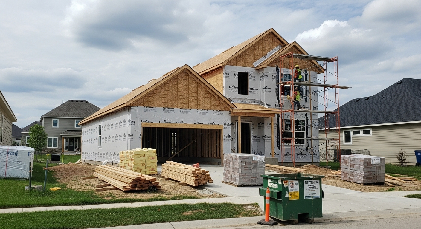 A house under construction with scaffolding on the front, stacked bricks, lumber, and a dumpster in the yard.