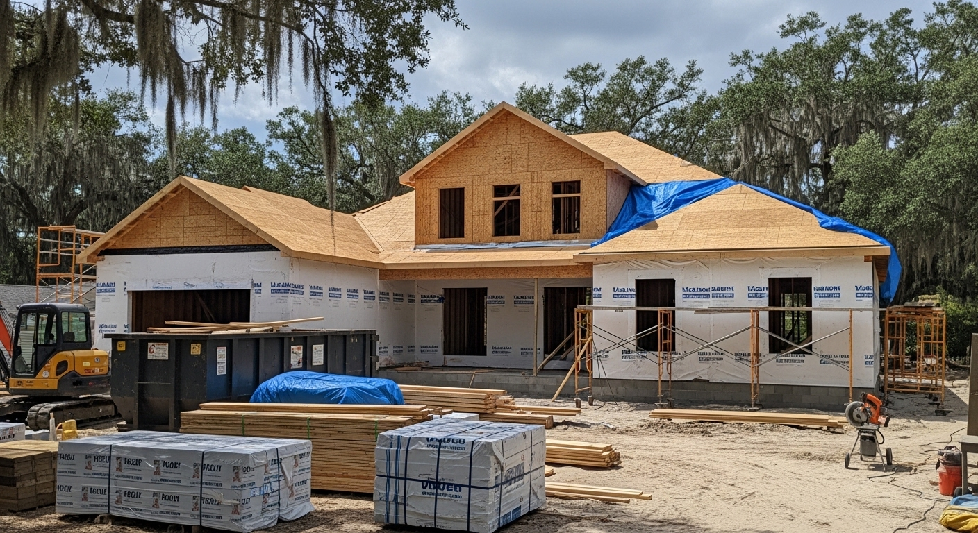 Partially built house under construction with exposed wood framing, blue tarp, and stacked building materials