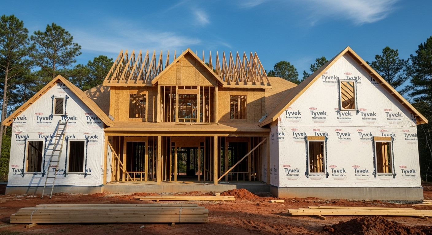 A partially constructed two-story house with wood framing and white weather-resistant wrap under a blue sky.