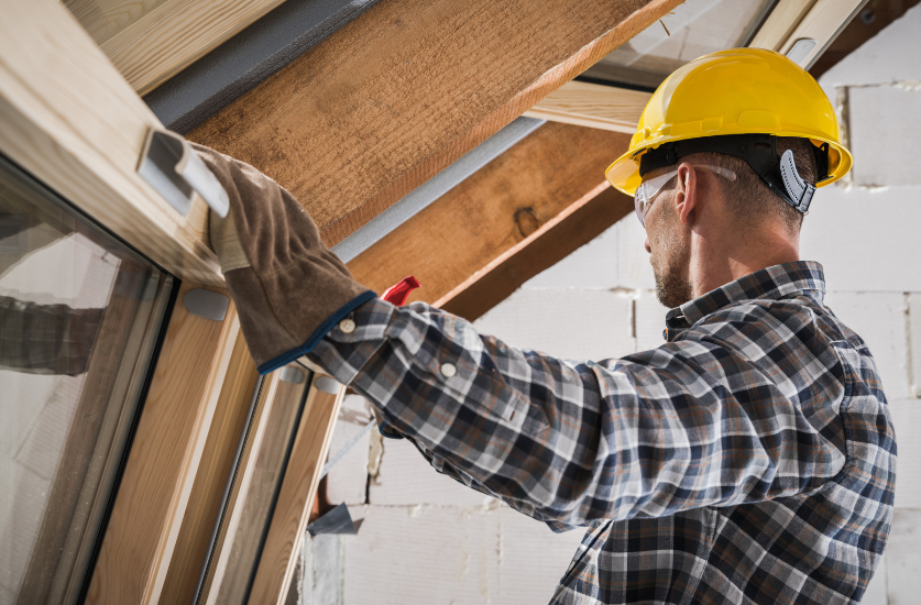 A man wearing a hard hat and gloves is working on a window frame.