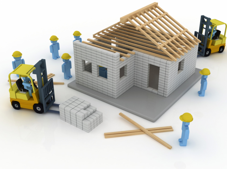 A model of a house being built with forklifts and workers