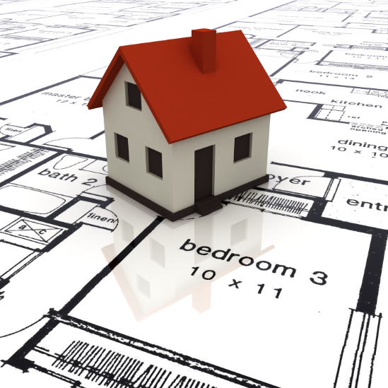 A model house sits on top of a floor plan for bedroom 3