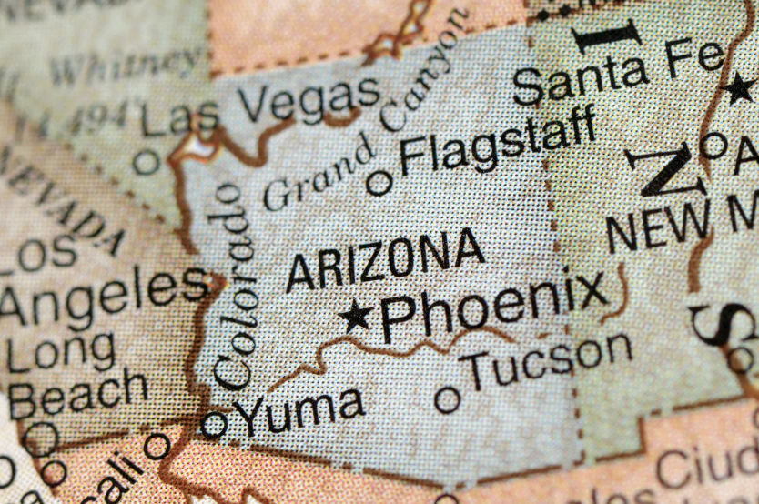 A close up of a map showing arizona and phoenix