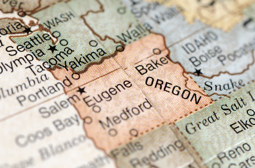 A close up of a map of the state of oregon